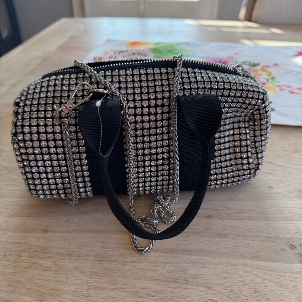Sparkly Rhinestone Mini Barrel Bag ✨ Silver Crystal Evening Bag w/ Chain Strap - Picture 3 of 6